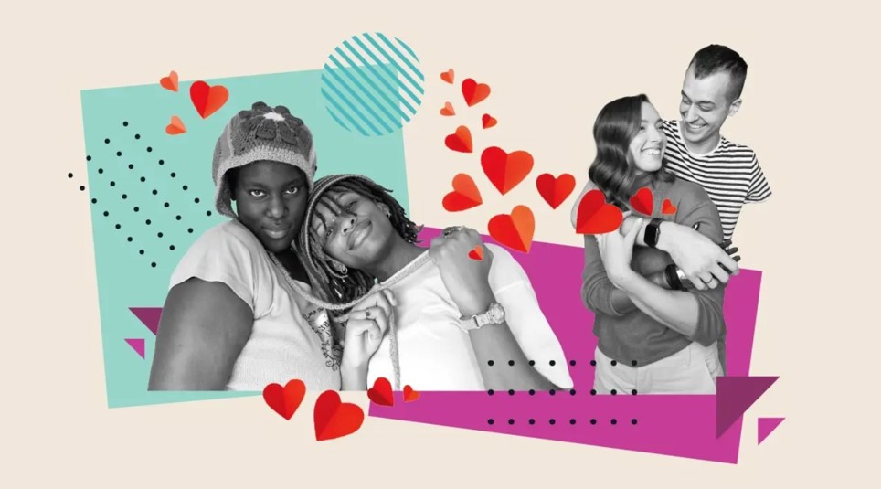 A collage of two couples hugging and looking at the camera. 