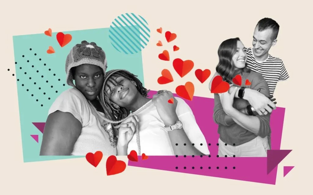 A collage of two couples hugging and looking at the camera. 