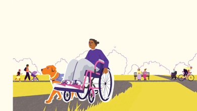 The image is a drawn illustration of a park. In the centre of the image on a grey path is a female wheelchair user, in a purple jumper, grey jogging bottoms and pink trainers. She has her assistance dog next to her. Behind her are other people having fun in the park. Two women sit on a bench together, a women is walking with her children, a man rides a bicycle and an older women uses a powered wheelchair.