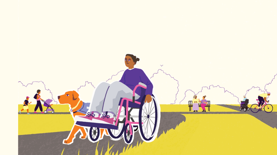 The image is a drawn illustration of a park. In the centre of the image on a grey path is a female wheelchair user, in a purple jumper, grey jogging bottoms and pink trainers. She has her assistance dog next to her. Behind her are other people having fun in the park. Two women sit on a bench together, a women is walking with her children, a man rides a bicycle and an older women uses a powered wheelchair.