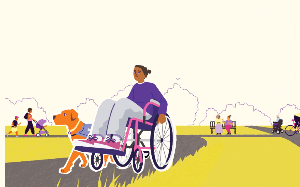 The image is a drawn illustration of a park. In the centre of the image on a grey path is a female wheelchair user, in a purple jumper, grey jogging bottoms and pink trainers. She has her assistance dog next to her. Behind her are other people having fun in the park. Two women sit on a bench together, a women is walking with her children, a man rides a bicycle and an older women uses a powered wheelchair.