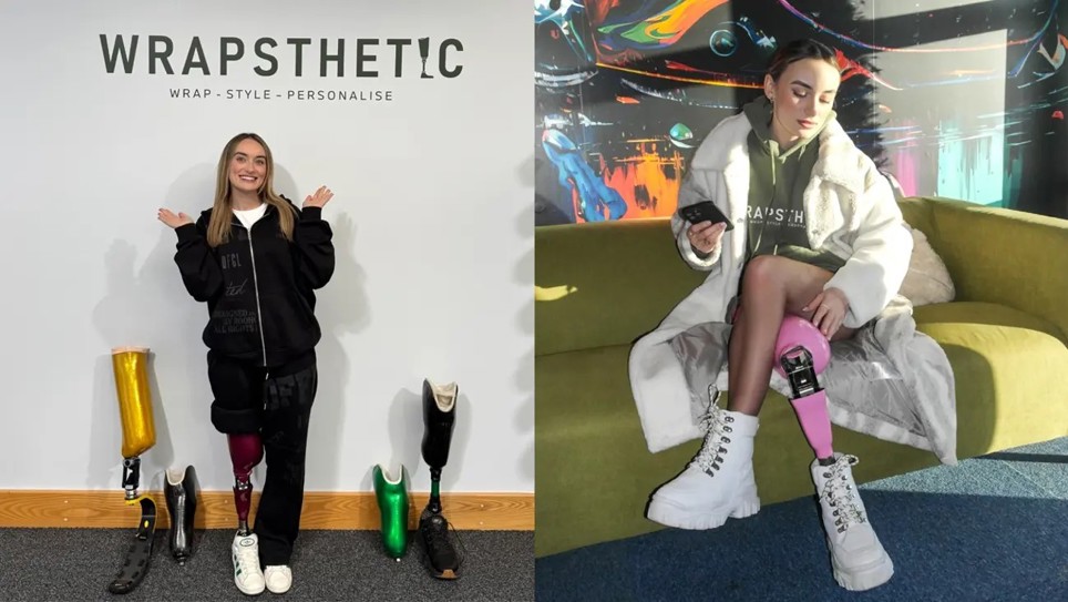 Bernadette Hagans showcases stylish Wrapsthetic prosthetic leg covers through a studio display and while wearing a pink wrap on a sofa.