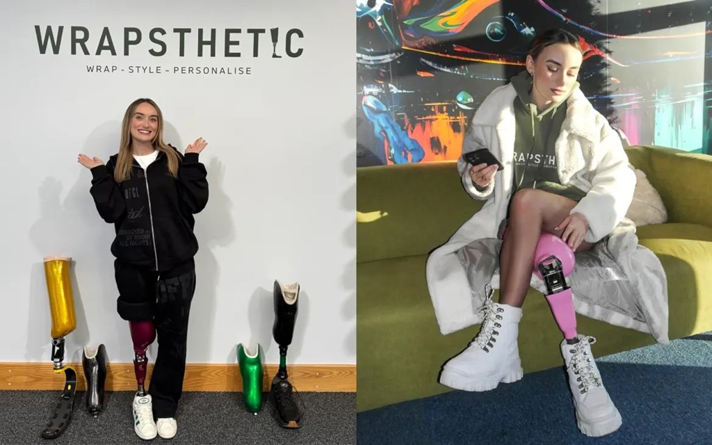 Bernadette Hagans showcases stylish Wrapsthetic prosthetic leg covers through a studio display and while wearing a pink wrap on a sofa.