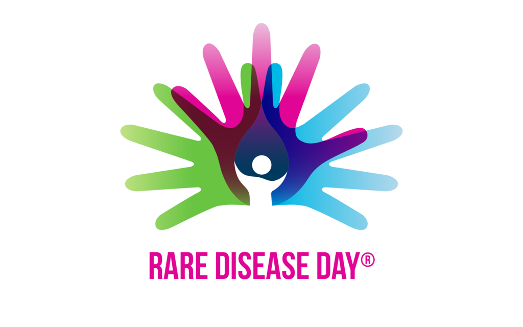 The logo reads: "Rare Disease Day". Their logo has three hands which overlap each other in green, pink and blue. In the centre is a white cartoon person. 