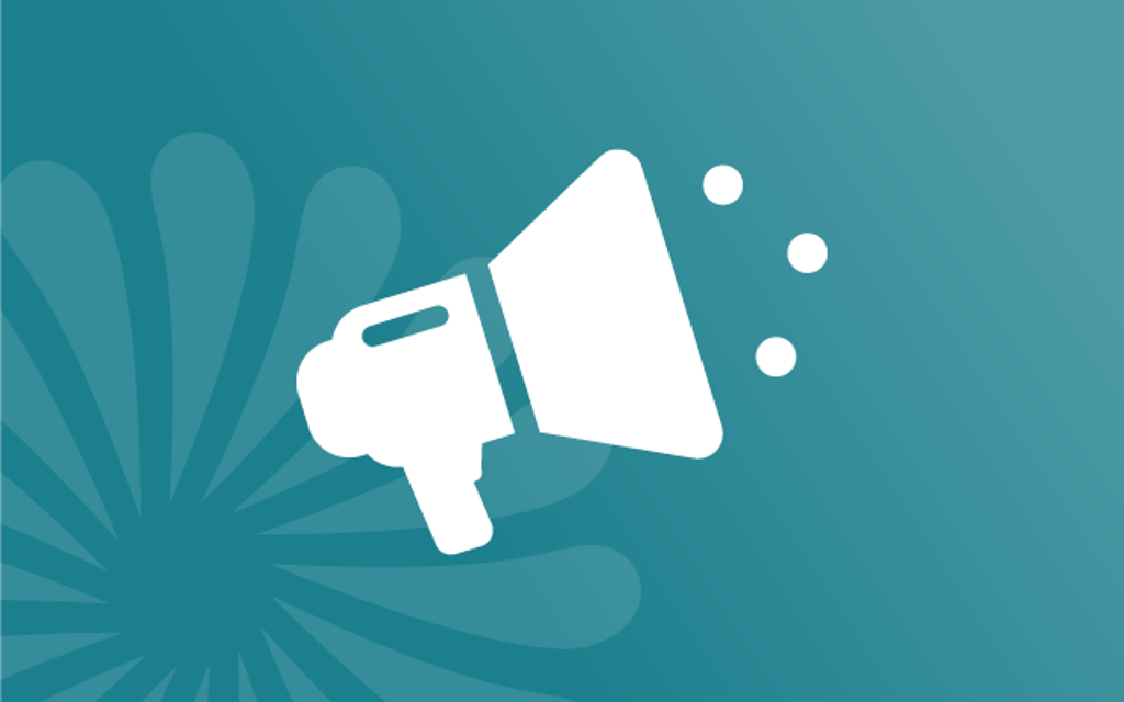 Megaphone icon on a blue background.